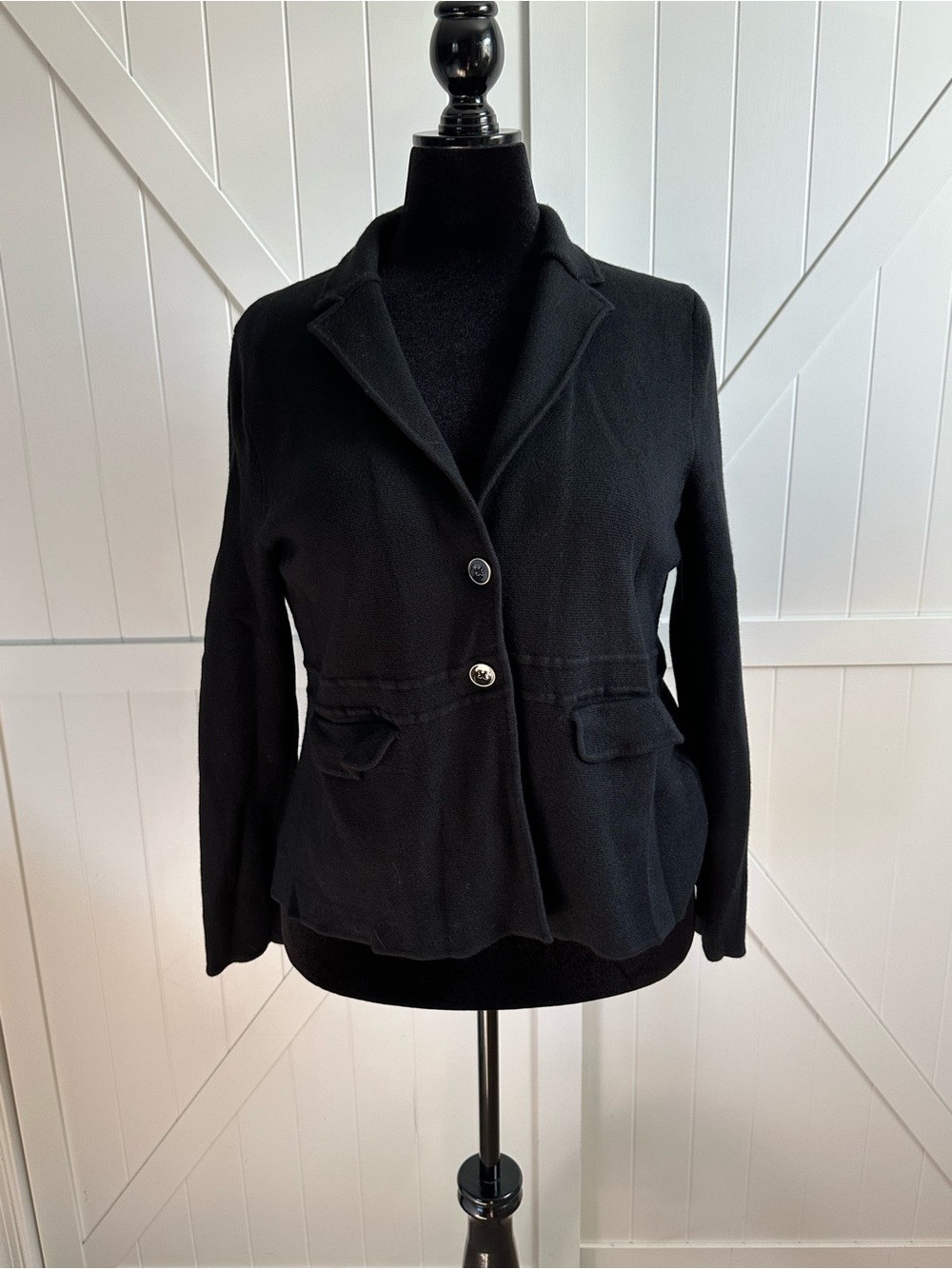 Talbots Petite XL Black 100% Merino Wool Knit Blazer Jacket Button Front
